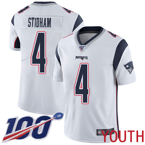 New England Patriots Limited White Youth #4 Jarrett Stidham Road NFL Jersey 100th Season